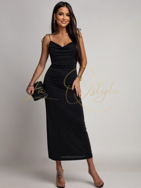 LOAN błyszcząca midi sukienka na ramiączkach z odkrytymi plecami CZARNA