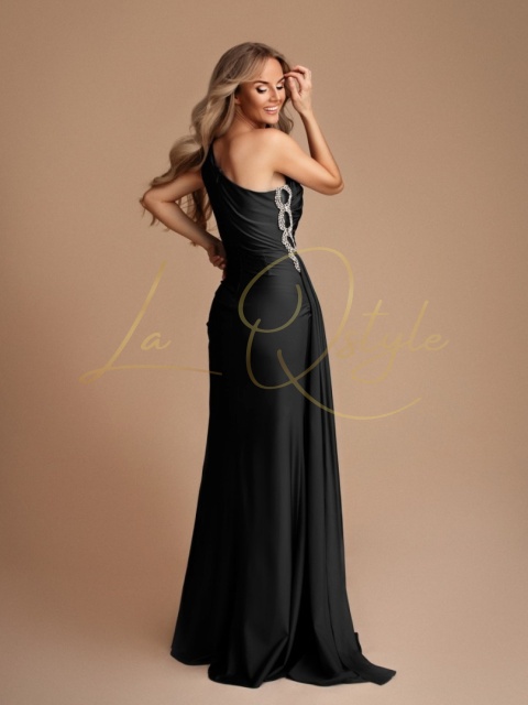 Dopasowana sukienka na jedno ramię z gorsetem i zdobieniami CZARNA