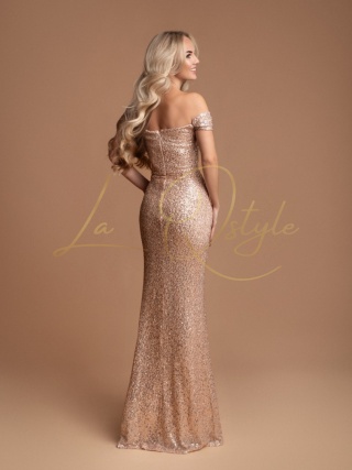 BRENDA dopasowana cekinowa sukienka z gorsetem i opadającymi ramionami ZŁOTA