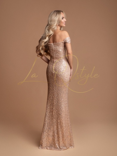 Dopasowana cekinowa sukienka z gorsetem i opadającymi ramionami ZŁOTA