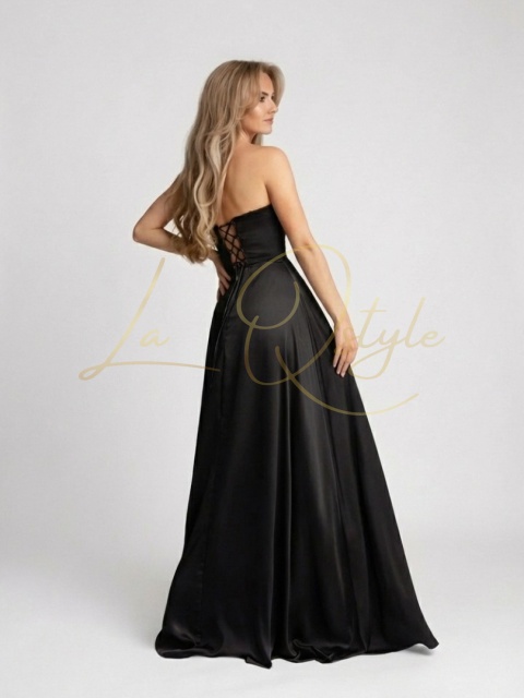 Długa balowa sukienka gorsetowa z rozcięciem CZARNA