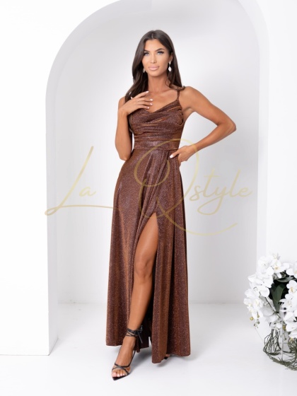 VALERIA sukienka brokatowa z wiązaniem na plecach CZEKOLADOWA