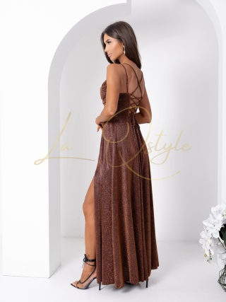 VALERIA sukienka brokatowa z wiązaniem na plecach CZEKOLADOWA