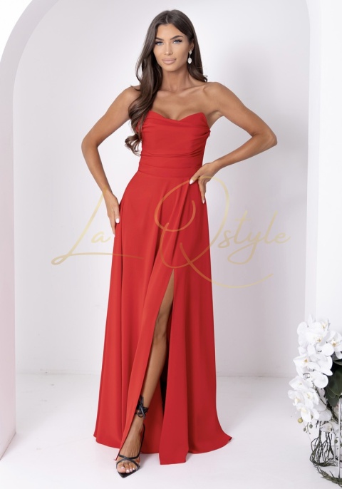 Długa sukienka gorsetowa z ozdobnym wiązaniem na plecach CZERWONA