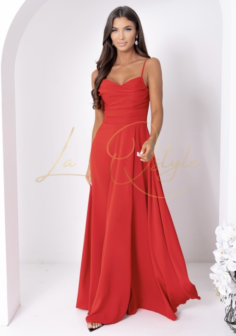 Długa sukienka gorsetowa z ozdobnym wiązaniem na plecach CZERWONA