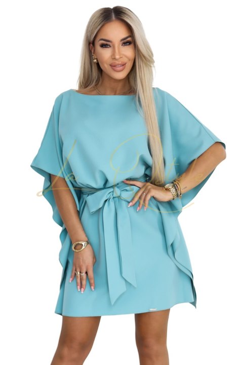 SOFIA Sukienka motyl z wiązaniem w pasie - pastelowy turkus