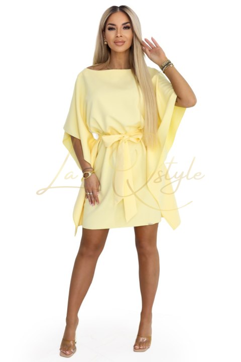 SOFIA Sukienka motyl z wiązaniem w pasie - pastelowy cytrynowy