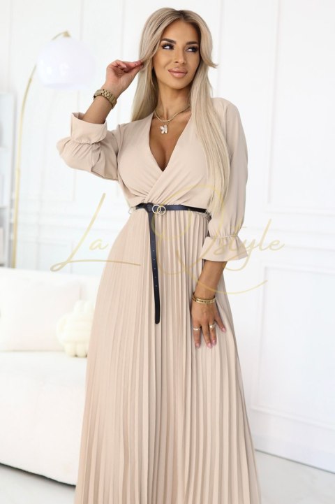 462-5 SERENA Plisowana sukienka maxi z dekoltem, paskiem i rękawem 3/4 - CIEMNY BEŻ
