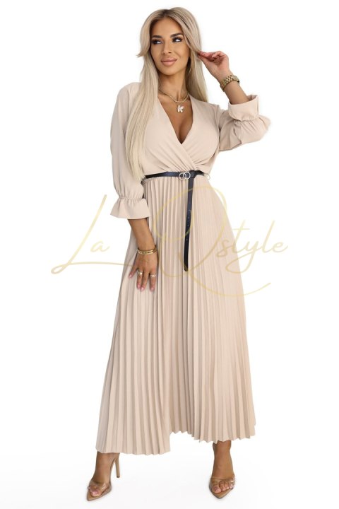 462-5 SERENA Plisowana sukienka maxi z dekoltem, paskiem i rękawem 3/4 - CIEMNY BEŻ