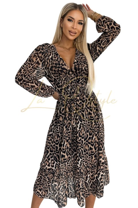 Dłuższa szyfonowa sukienka z dekoltem, falbanką i paskiem panterka