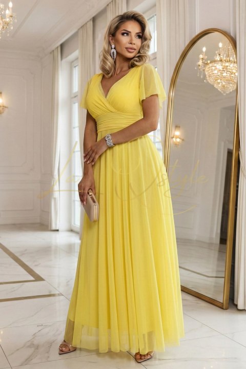 Długa sukienka z dekoltem, wiązaniem i krótkim rękawkiem CYTRYNOWE LIMONCELLO