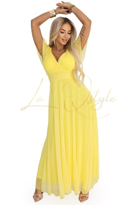 Długa sukienka z dekoltem, wiązaniem i krótkim rękawkiem CYTRYNOWE LIMONCELLO