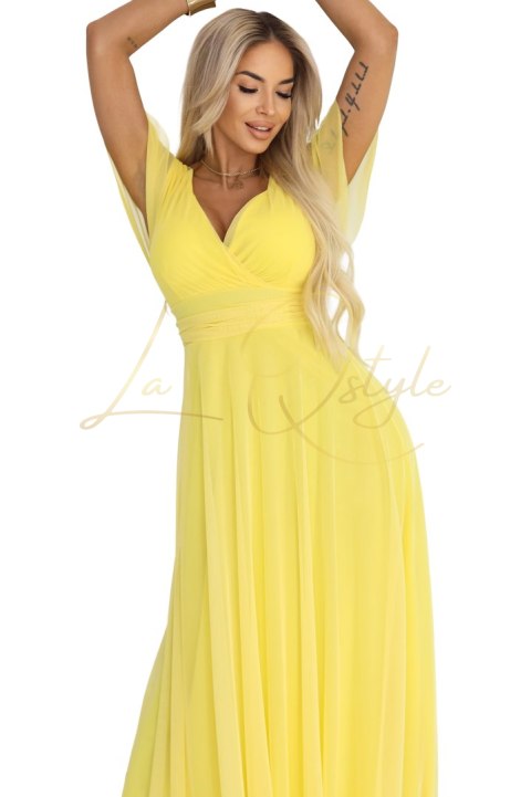 Długa sukienka z dekoltem, wiązaniem i krótkim rękawkiem CYTRYNOWE LIMONCELLO