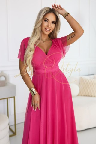 562-9 NASTIA Długa sukienka z dekoltem, wiązaniem i krótkim rękawkiem - malinowy sorbet
