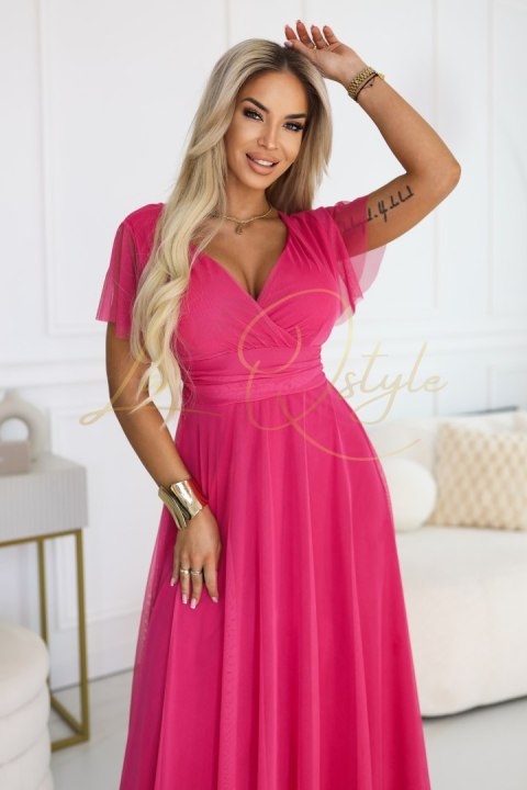 562-9 NASTIA Długa sukienka z dekoltem, wiązaniem i krótkim rękawkiem - malinowy sorbet