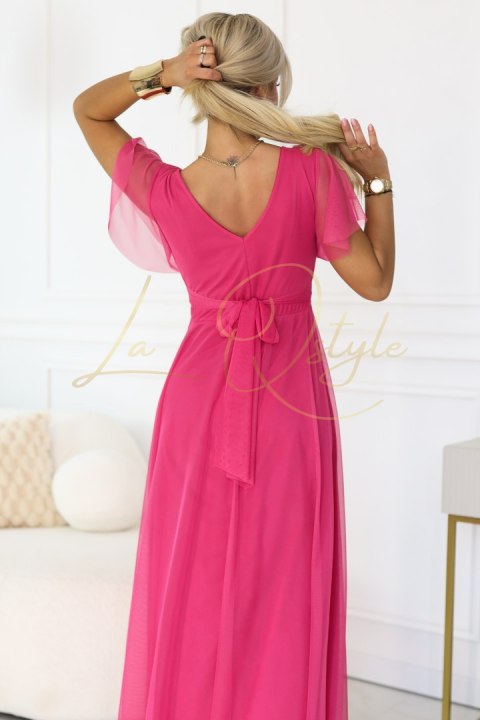 562-9 NASTIA Długa sukienka z dekoltem, wiązaniem i krótkim rękawkiem - malinowy sorbet