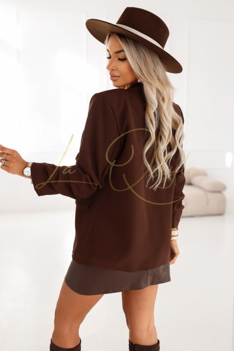 Damska klasyczna marynarka z drapowanymi rękawkami CZEKOLADOWA