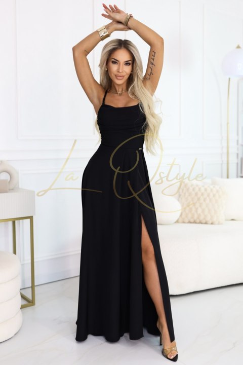 Sukienka maxi na ramiączkach z gorsetowym wiązaniem na plecach i rozcięciem CZARNA