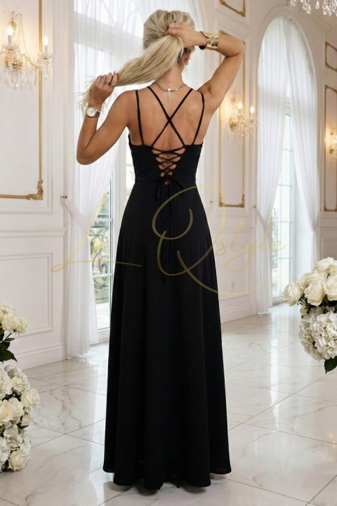 Sukienka maxi na ramiączkach z gorsetowym wiązaniem na plecach i rozcięciem CZARNA