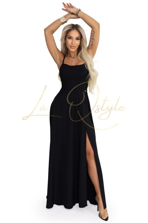 Sukienka maxi na ramiączkach z gorsetowym wiązaniem na plecach i rozcięciem CZARNA