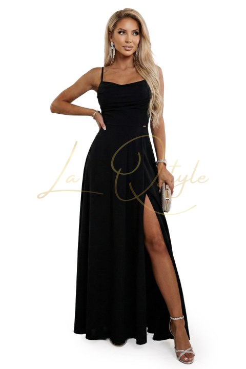 Sukienka maxi na ramiączkach z gorsetowym wiązaniem na plecach i rozcięciem CZARNA