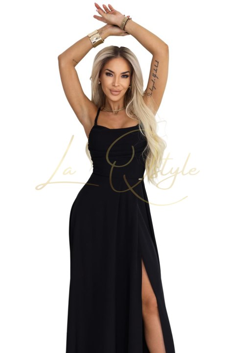 Sukienka maxi na ramiączkach z gorsetowym wiązaniem na plecach i rozcięciem CZARNA