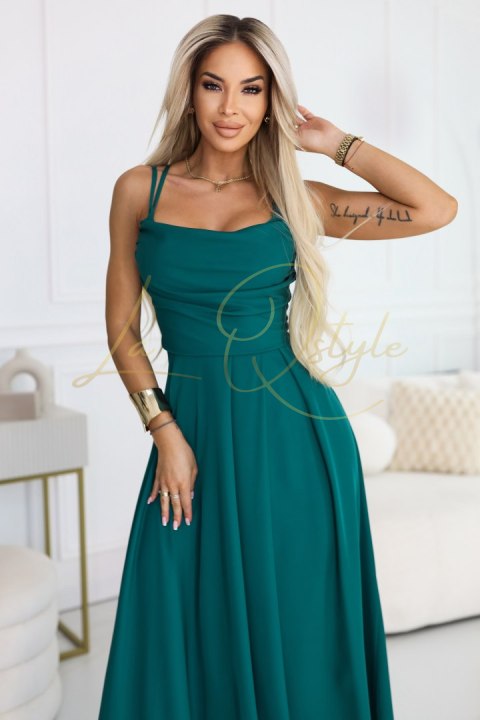 Sukienka maxi na ramiączkach z gorsetowym wiązaniem na plecach i rozcięciem ZIELEŃ BUTELKOWA