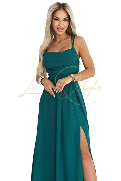 Sukienka maxi na ramiączkach z gorsetowym wiązaniem na plecach i rozcięciem ZIELEŃ BUTELKOWA