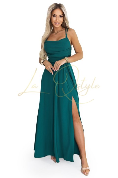 Sukienka maxi na ramiączkach z gorsetowym wiązaniem na plecach i rozcięciem ZIELEŃ BUTELKOWA