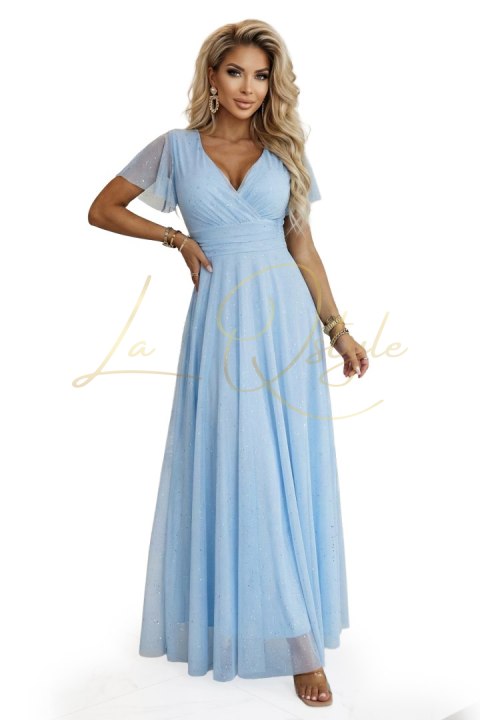 635-6 MELANIA długa błyszcząca suknia z dekoltem i krótkim rękawkiem - błękitna