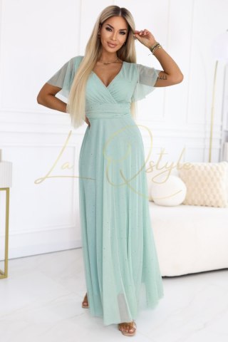 MELANIA długa błyszcząca suknia z dekoltem i krótkim rękawkiem PISTACJOWA