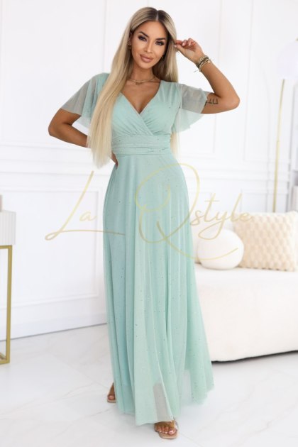 MELANIA długa błyszcząca suknia z dekoltem i krótkim rękawkiem PISTACJOWA