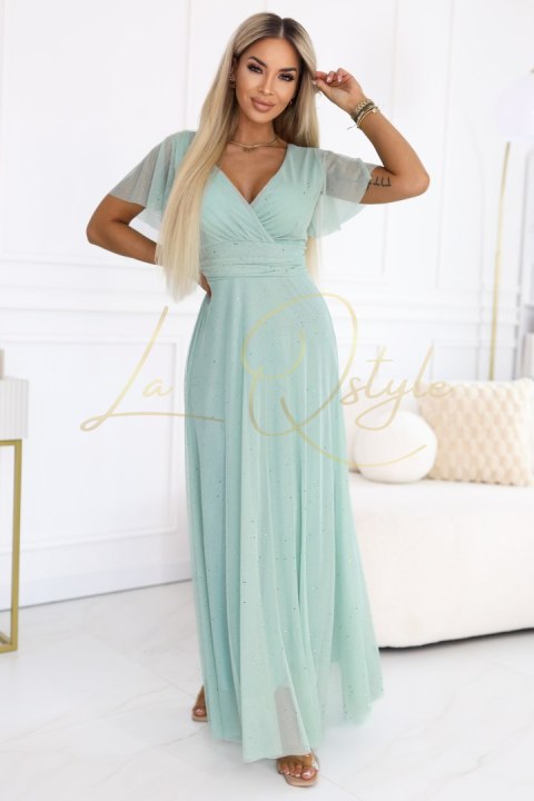 Długa błyszcząca suknia z dekoltem i krótkim rękawkiem PISTACJOWA
