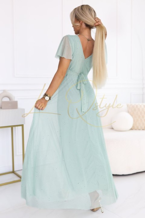 Długa błyszcząca suknia z dekoltem i krótkim rękawkiem PISTACJOWA