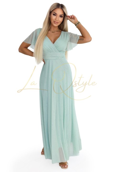Długa błyszcząca suknia z dekoltem i krótkim rękawkiem PISTACJOWA
