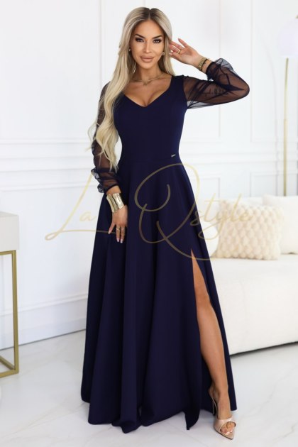 LORETTA wyjątkowa długa sukienka z tiulowymi rękawami i dekoltem GRANATOWA