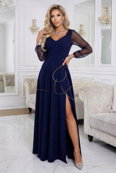 Wyjątkowa długa sukienka z tiulowymi rękawami i dekoltem GRANATOWA