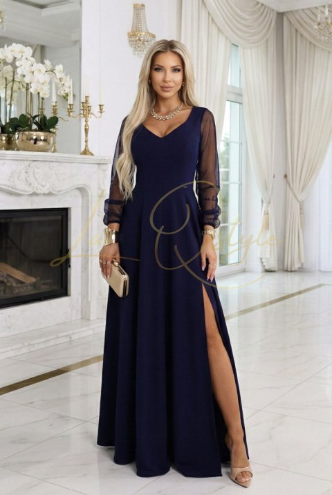 Wyjątkowa długa sukienka z tiulowymi rękawami i dekoltem GRANATOWA