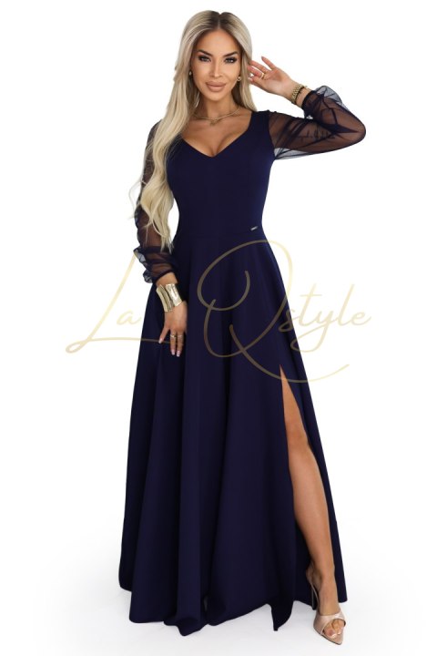 Wyjątkowa długa sukienka z tiulowymi rękawami i dekoltem GRANATOWA