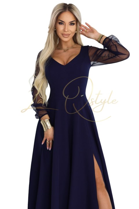 Wyjątkowa długa sukienka z tiulowymi rękawami i dekoltem GRANATOWA