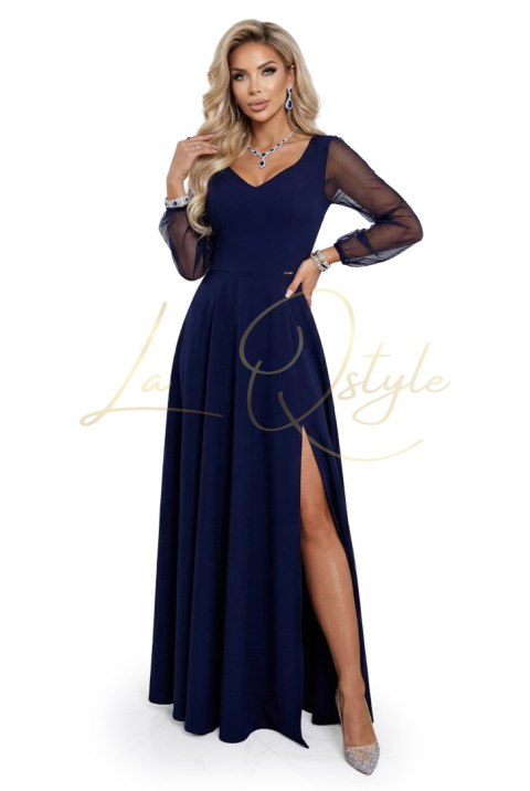 Wyjątkowa długa sukienka z tiulowymi rękawami i dekoltem GRANATOWA