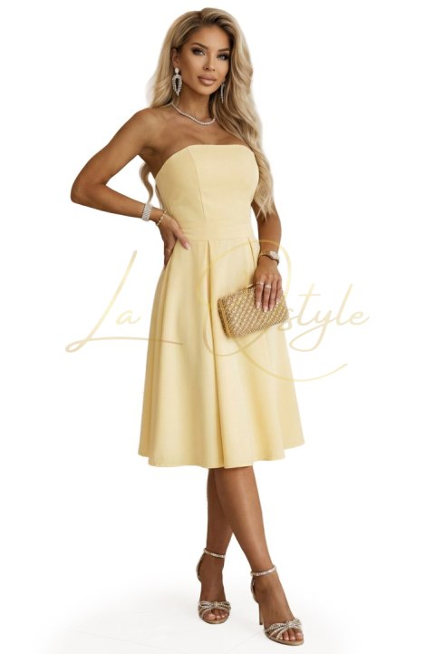 Gorsetowa rozkloszowana sukienka midi z paskiem - pastelowy ŻÓŁTA