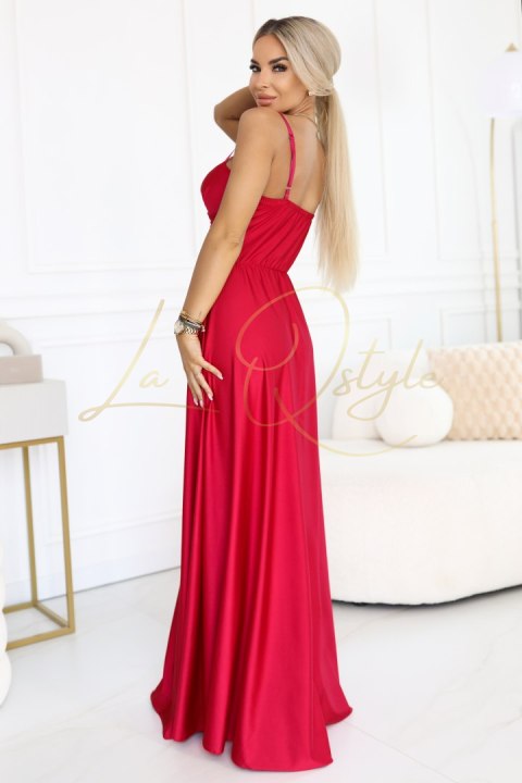 646-3 Długa sukienka wieczorowa na ramiączkach z rozcięciem na nodze - czerwona