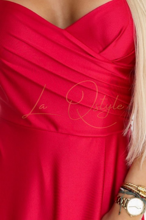 646-3 Długa sukienka wieczorowa na ramiączkach z rozcięciem na nodze - czerwona