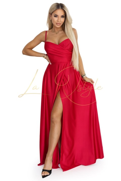 646-3 Długa sukienka wieczorowa na ramiączkach z rozcięciem na nodze - czerwona