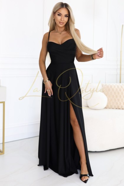 Długa sukienka wieczorowa na ramiączkach z rozcięciem na nodze CZARNA