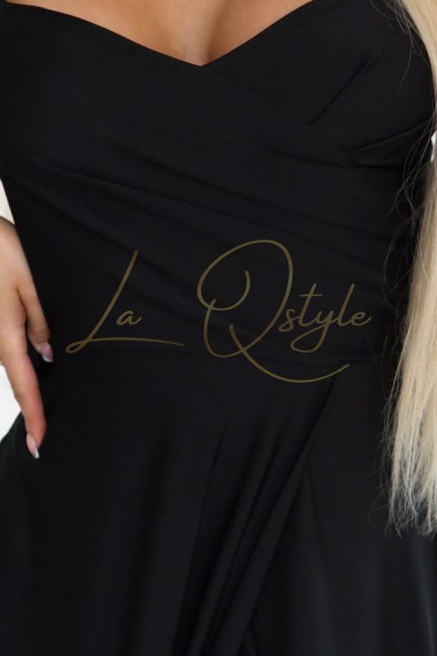 646-4 Długa sukienka wieczorowa na ramiączkach z rozcięciem na nodze - czarna