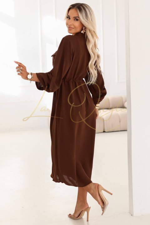 651-1 Szmizjerka koszulowa sukienka midi z guzikami i paskiem - czekoladowa