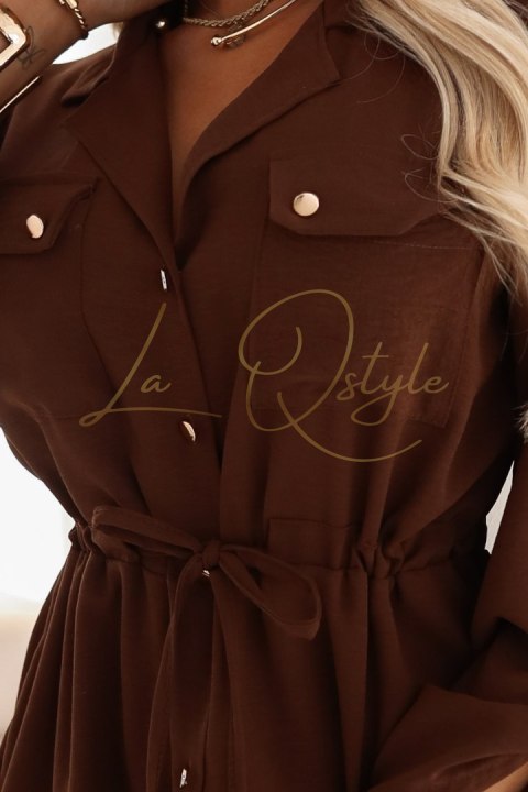 651-1 Szmizjerka koszulowa sukienka midi z guzikami i paskiem - czekoladowa