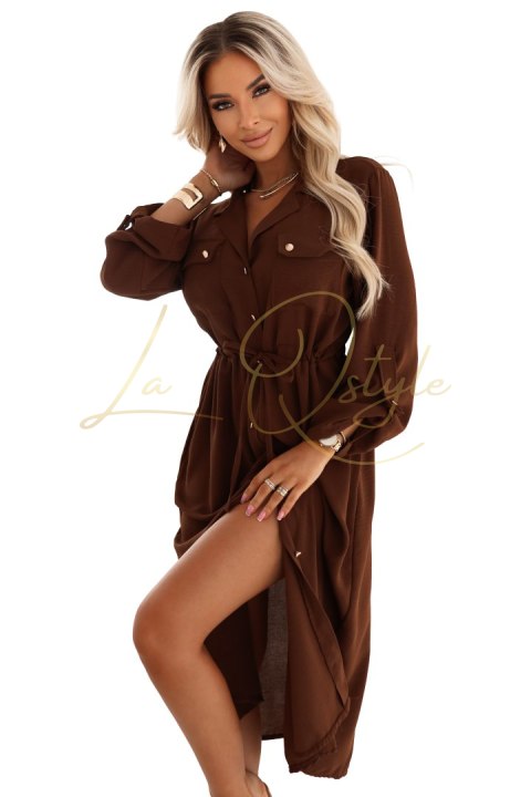 651-1 Szmizjerka koszulowa sukienka midi z guzikami i paskiem - czekoladowa
